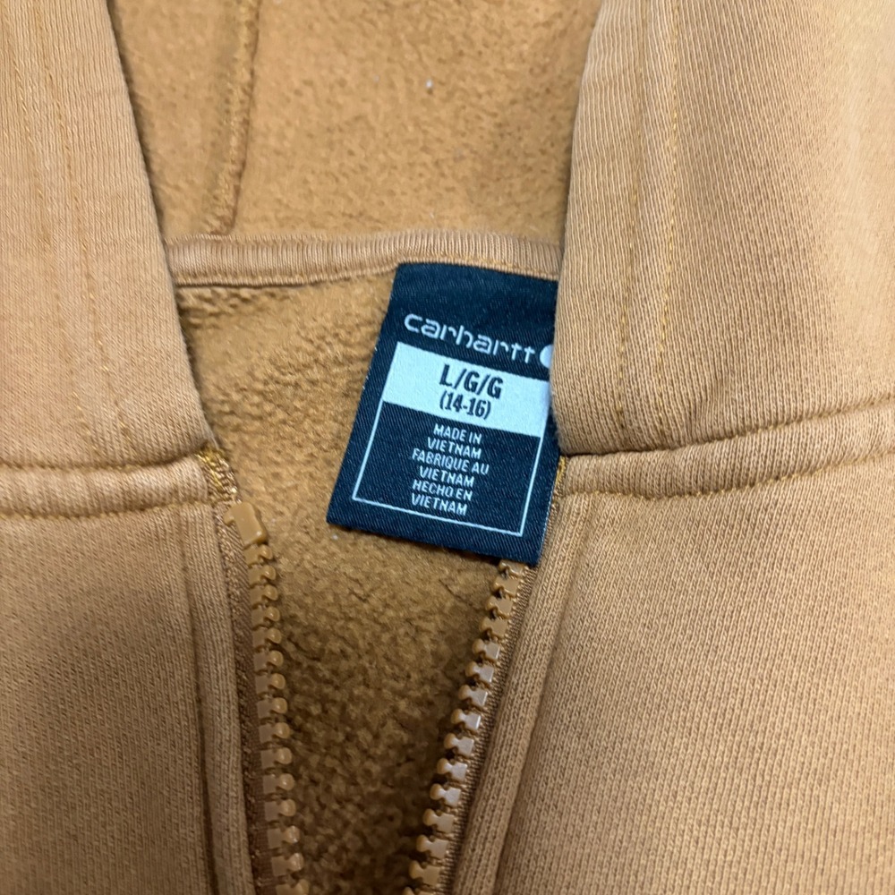 Carhartt Kids Youth Large 14-16 Full Zip Hoodie Brown Tan Sleeve Logo 1452 - Picture 2 of 7